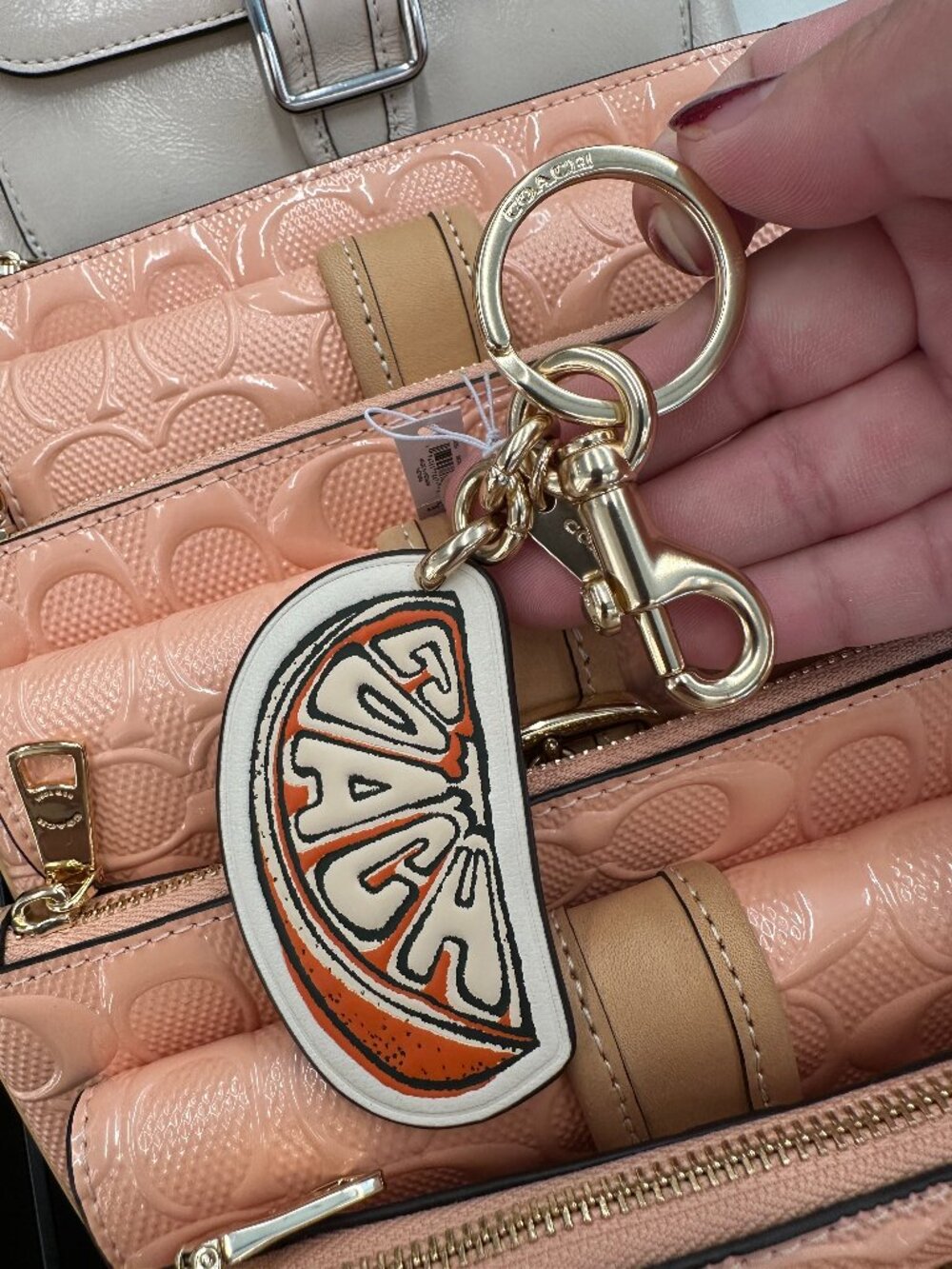NWT Coach CAO54 Orange Bag Charm Keychain Gold Chalk Orange Multi Color Leather